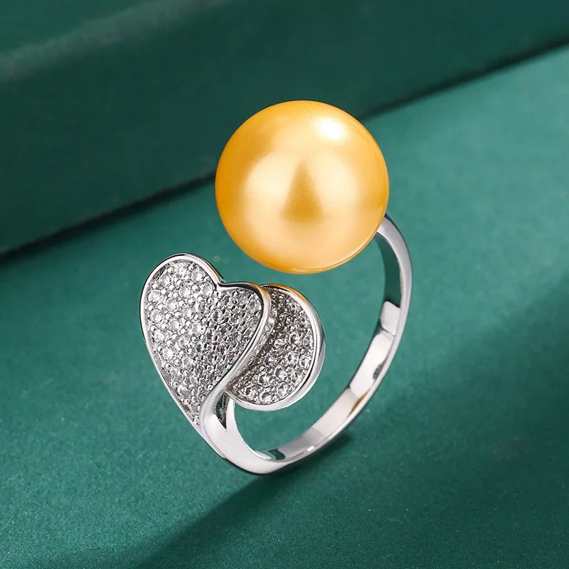 925 Sterling Silver Heart with Big Pearl Earrings, Necklace, Ring Set