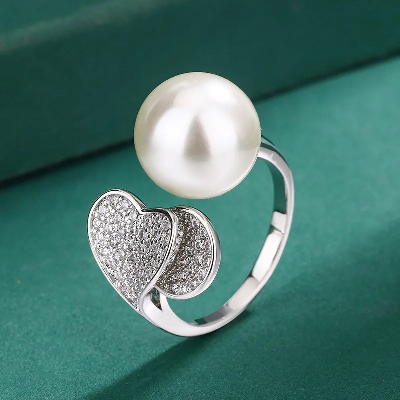925 Sterling Silver Heart with Big Pearl Earrings, Necklace, Ring Set