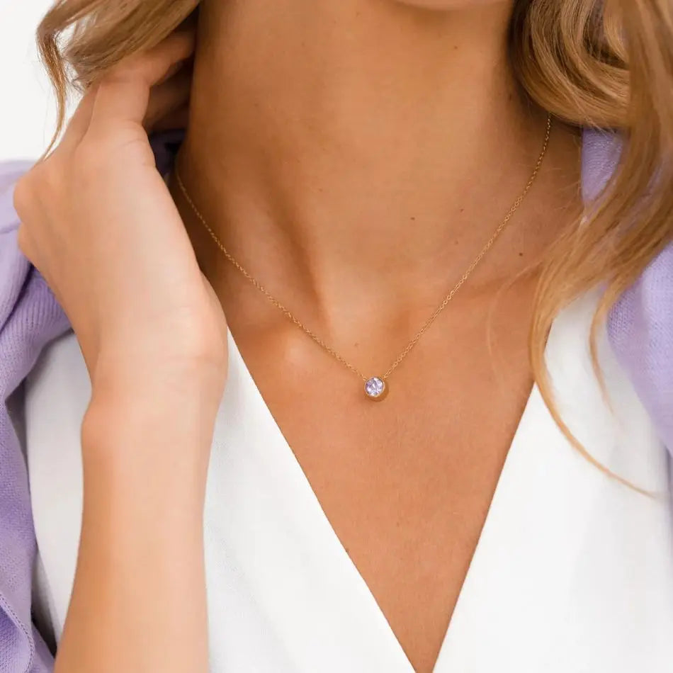 Classic Round Birthstone Necklace in Silver, Gold, Rose Gold.