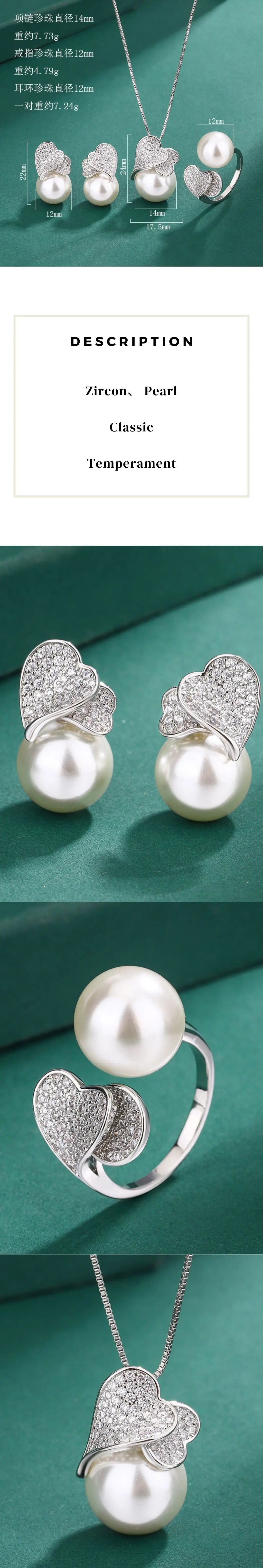 925 Sterling Silver Heart with Big Pearl Earrings, Necklace, Ring Set