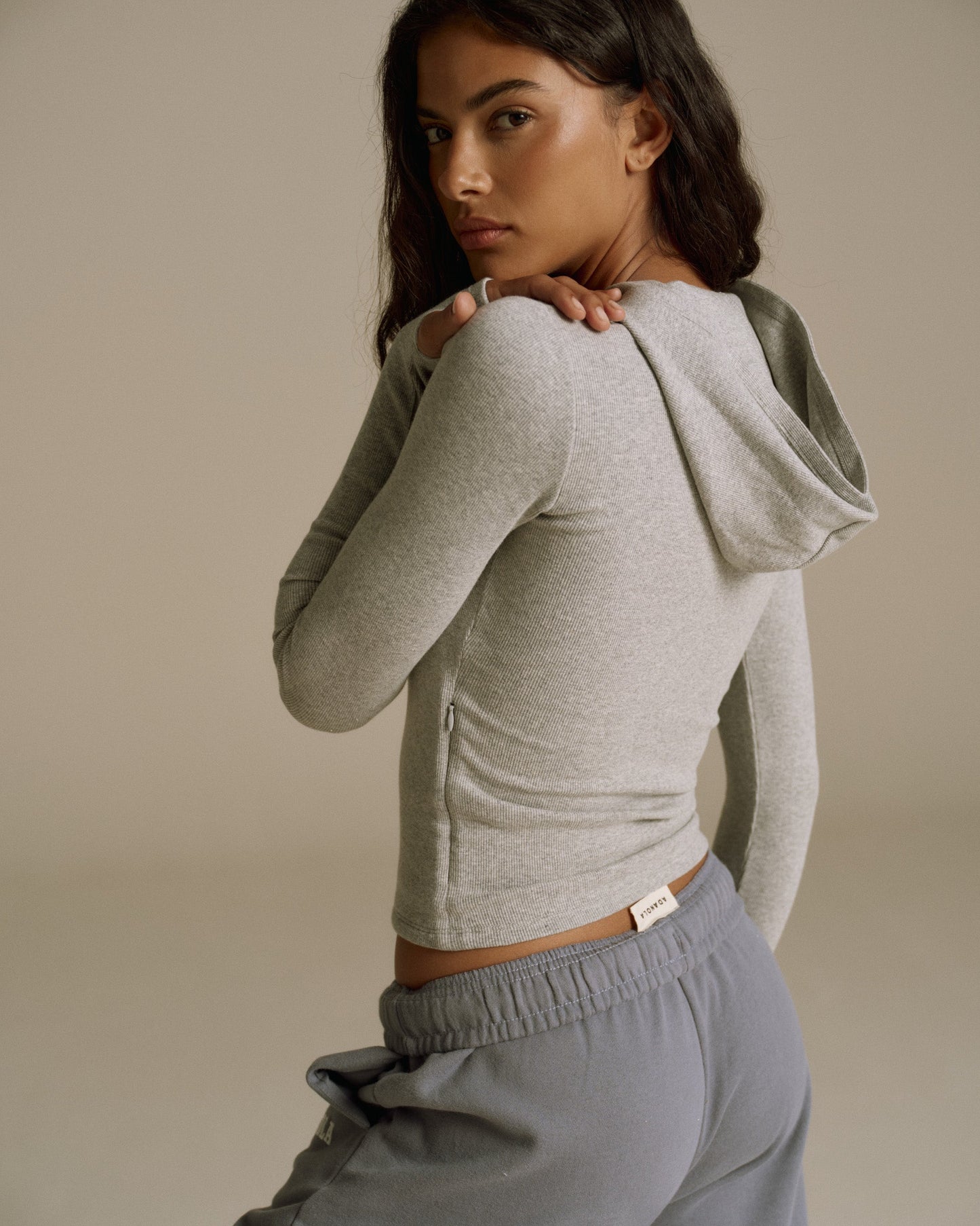 Rib Full Zip Hoodie - Light Grey Melange