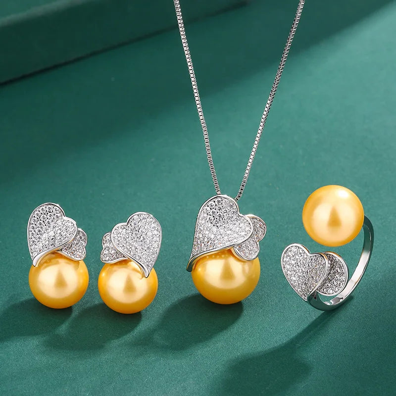 925 Sterling Silver Heart with Big Pearl Earrings, Necklace, Ring Set