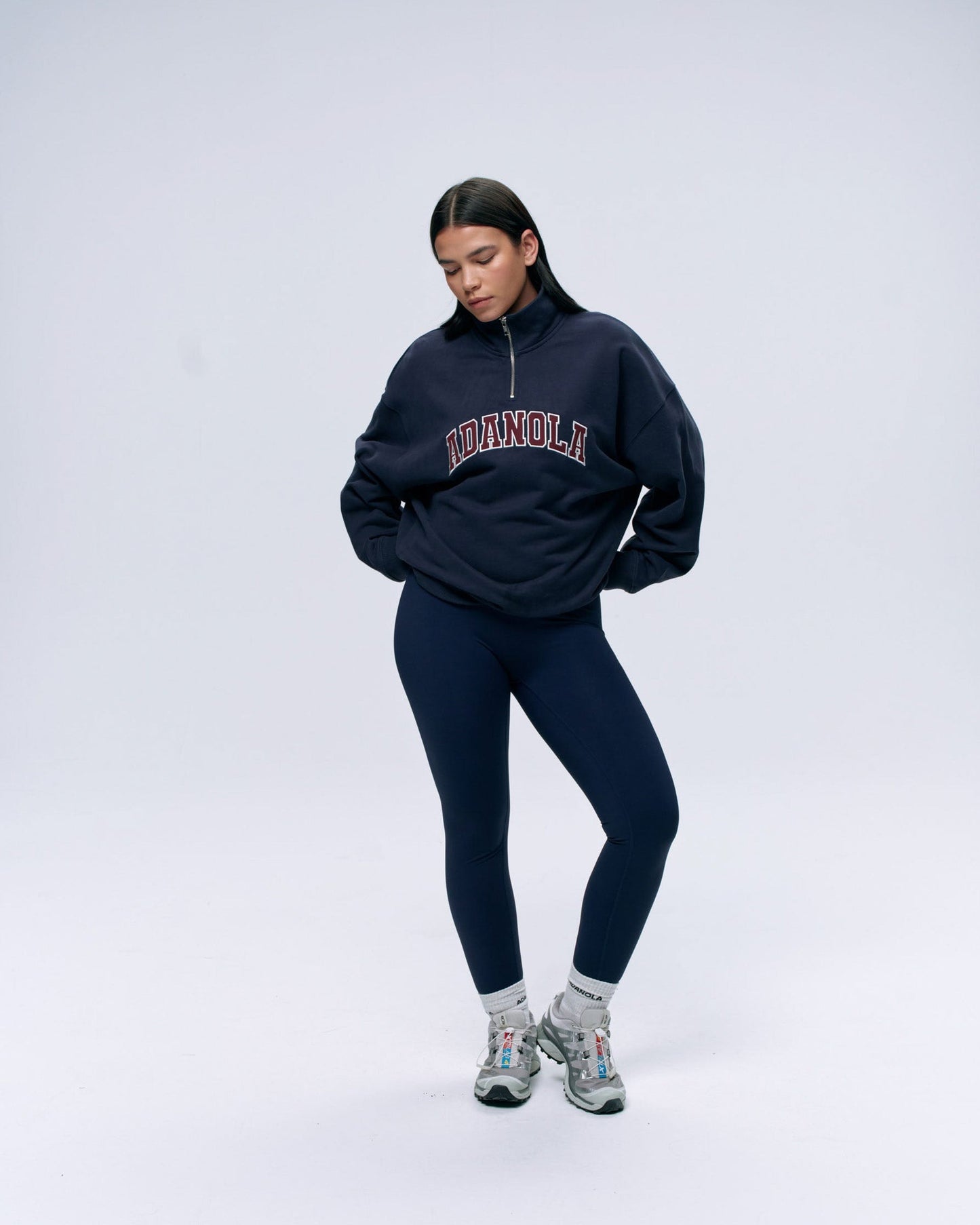 Varsity Relaxed Funnel Neck Zip Sweatshirt - Navy Blue/Burgundy