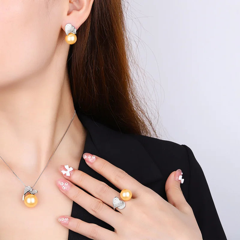 925 Sterling Silver Heart with Big Pearl Earrings, Necklace, Ring Set