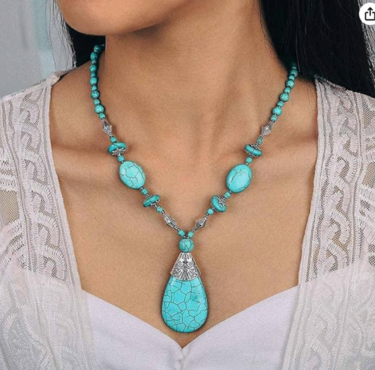 Bohemian Turquoise Water Drop Pendant Necklace.