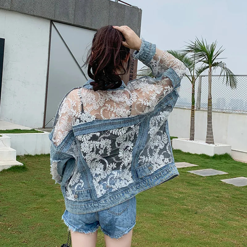 Blue Denim  Lace Patchwork Loose Jacket