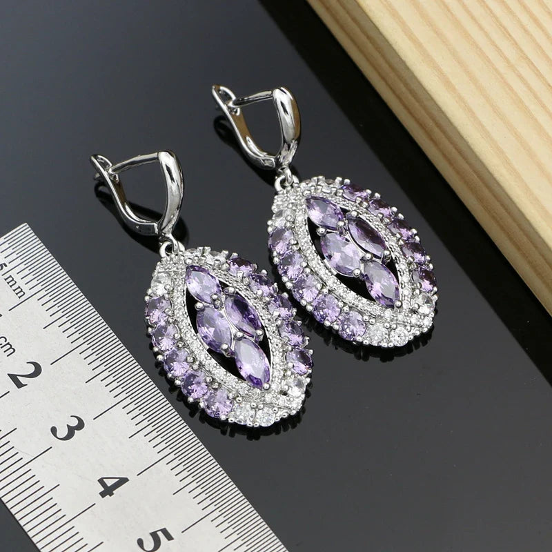 Chic Sterling Silver Purple Amethyst Crystal Jewelry Set