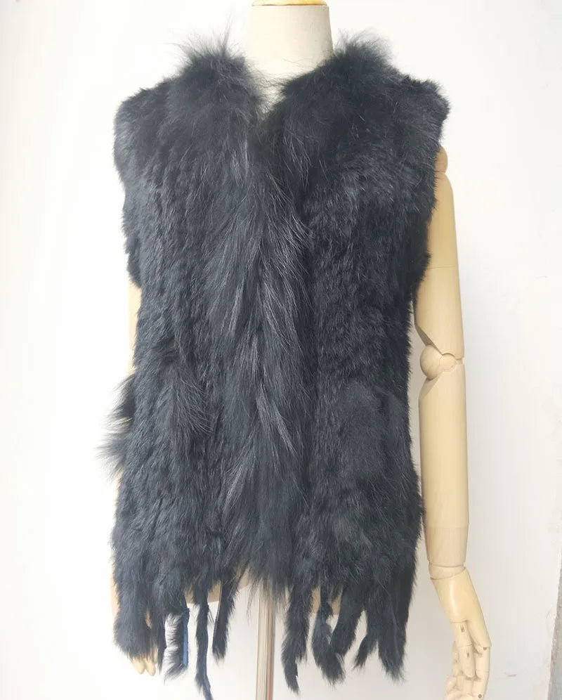 Warm Sleeveless Genuine Rabbit Fur Knitted Vest with Tassel