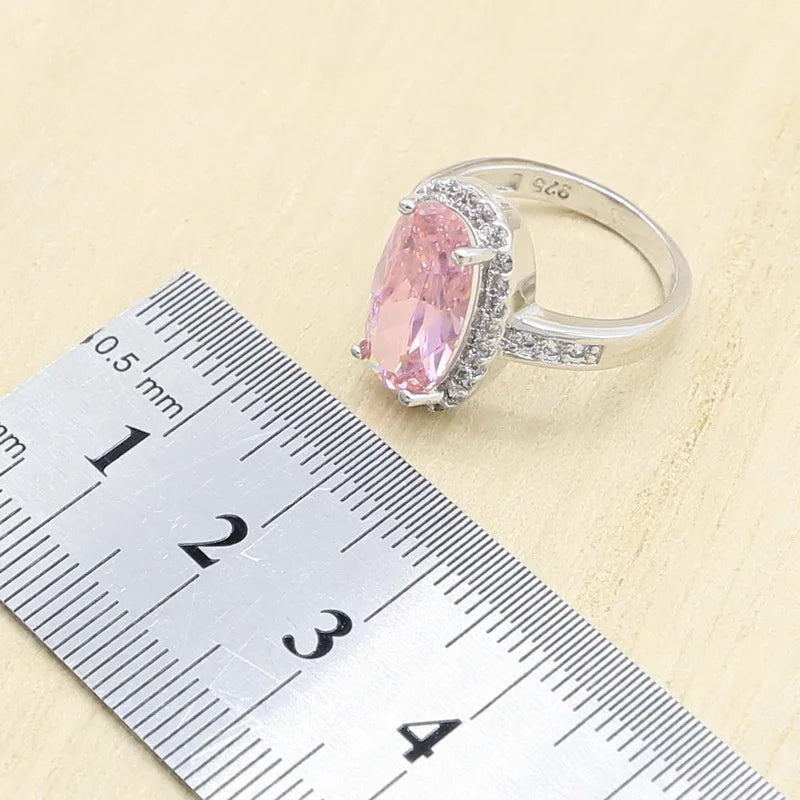 Pink Zircon Bracelet, Hoop Earrings, Necklace, Pendant, Ring Jewelry Set