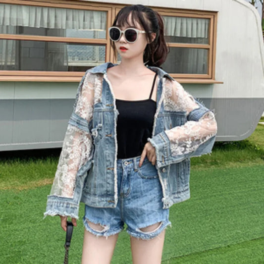 Blue Denim  Lace Patchwork Loose Jacket