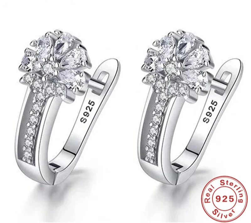Fine Jewelry 925 Sterling Silver CZ Earrings Inlaid With Crystal Flower
