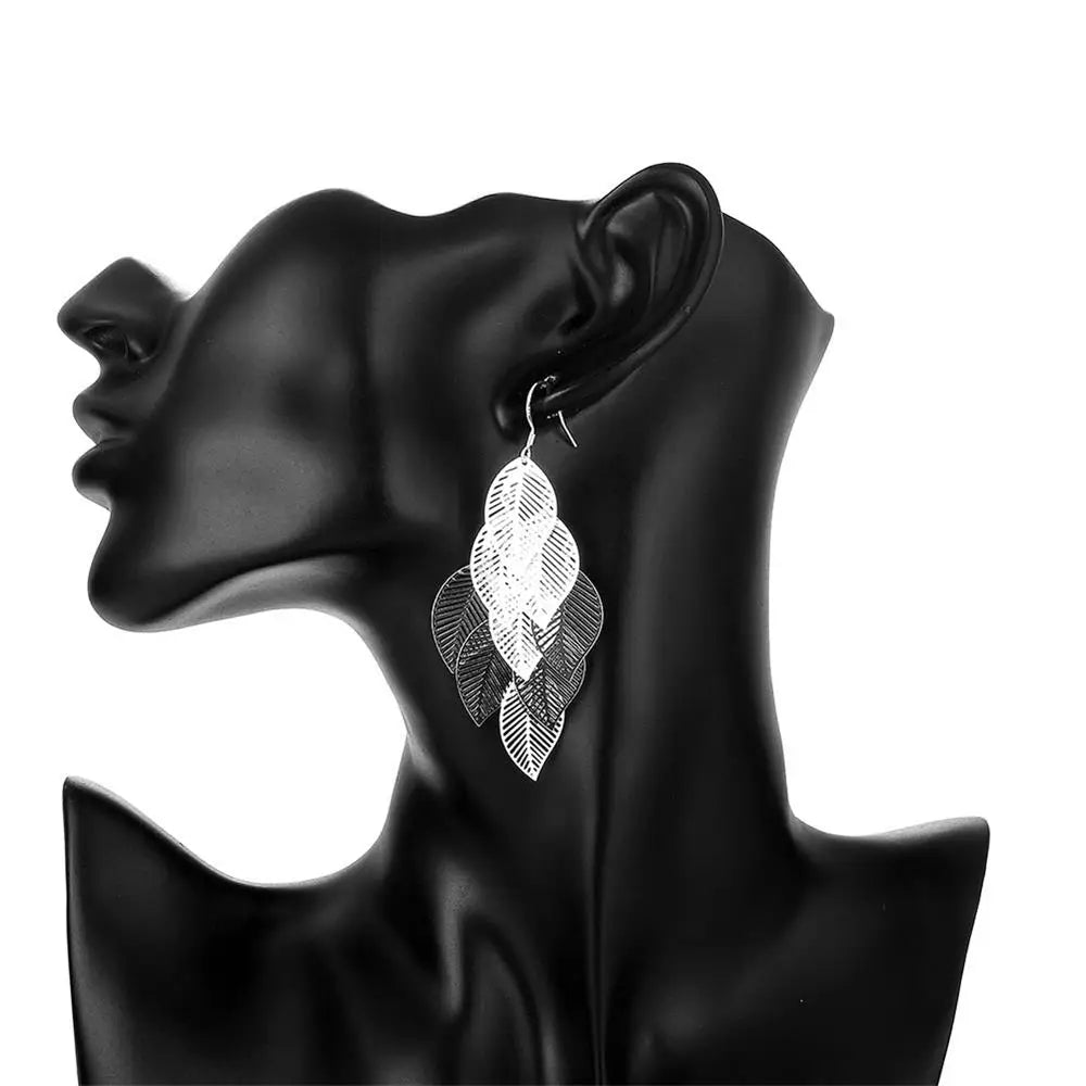 Fine 925 Sterling Silver Tassel Layered Leaves Drop Earrings