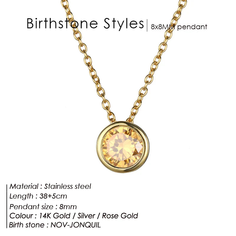 Classic Round Birthstone Necklace in Silver, Gold, Rose Gold.