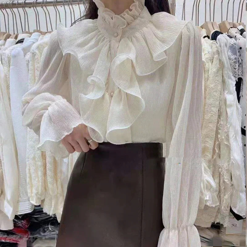 Romantic  Flare  Buttons Ruched  Ruffle Stand Collar Chiffon Shirt with  Long Sleeve