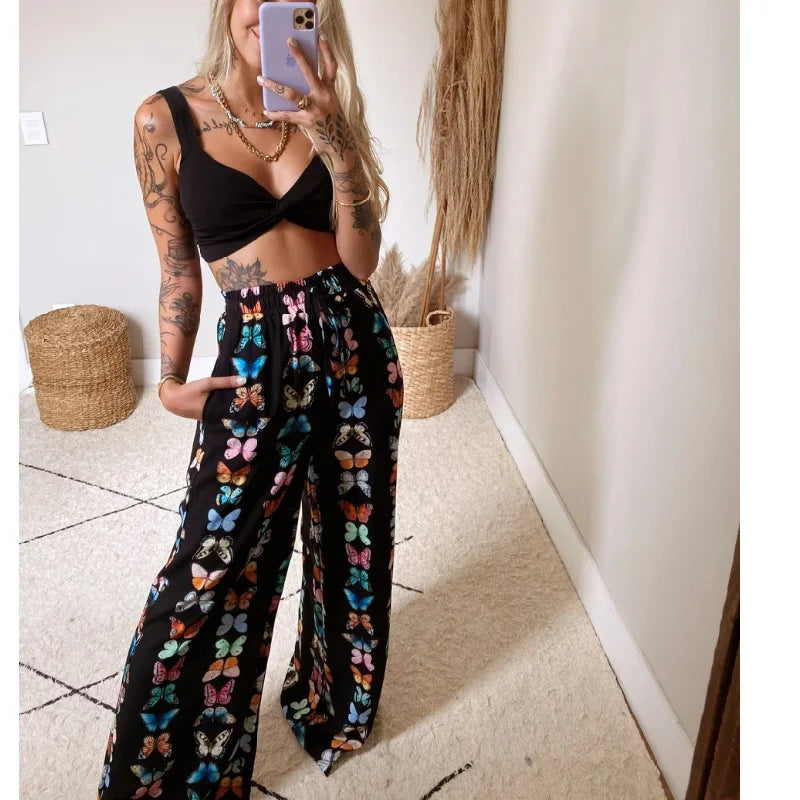 Boho Floral Butterfly Cotton 2 Piece Matching Outfits - Wide Leg Pants & Top