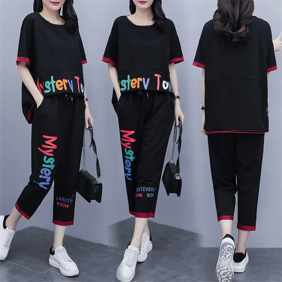 Korean Fashion Loose Short Sleeve Top & Pants 2 Piece Set