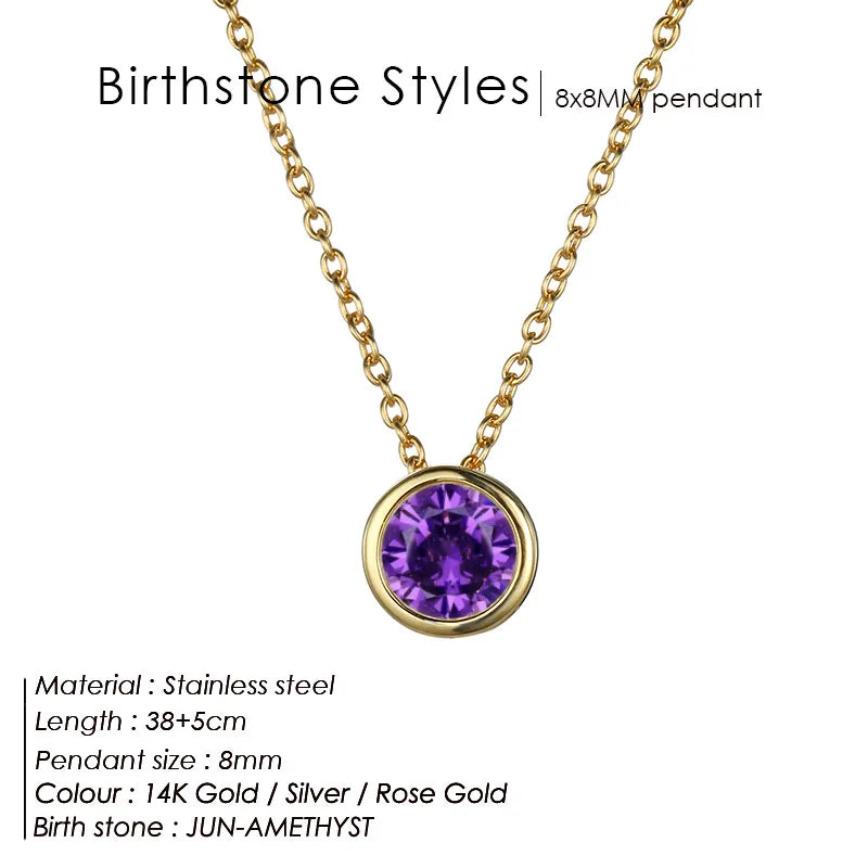 Classic Round Birthstone Necklace in Silver, Gold, Rose Gold.