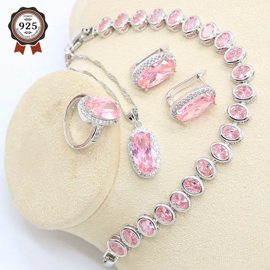 Pink Zircon Bracelet, Hoop Earrings, Necklace, Pendant, Ring Jewelry Set