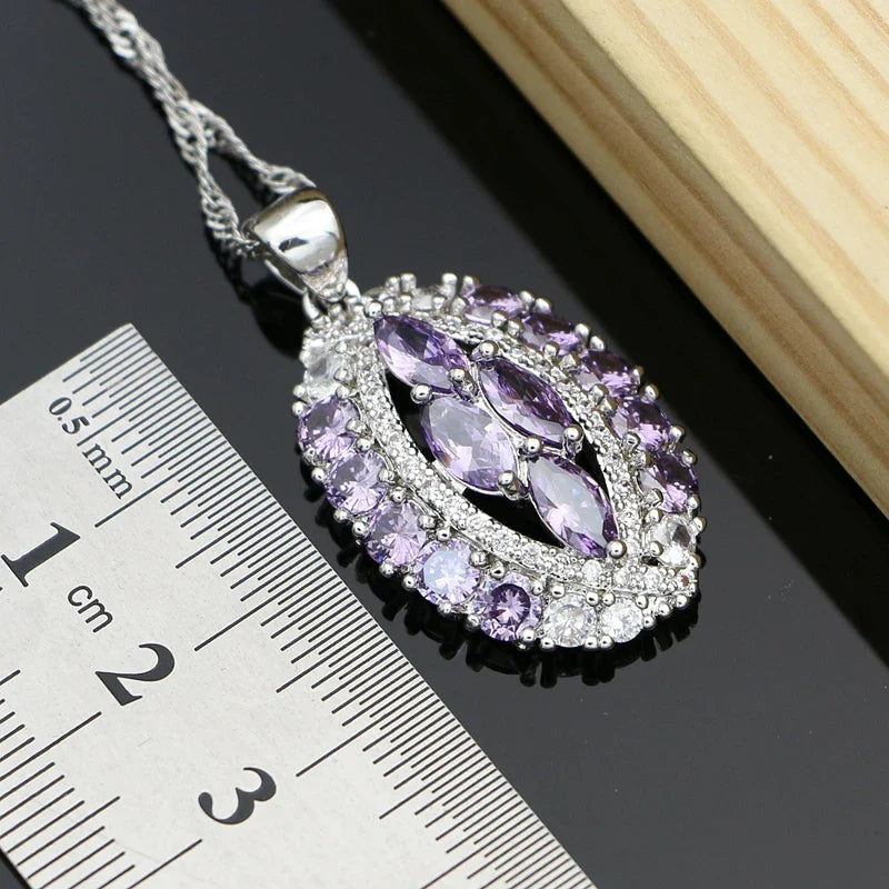 Chic Sterling Silver Purple Amethyst Crystal Jewelry Set