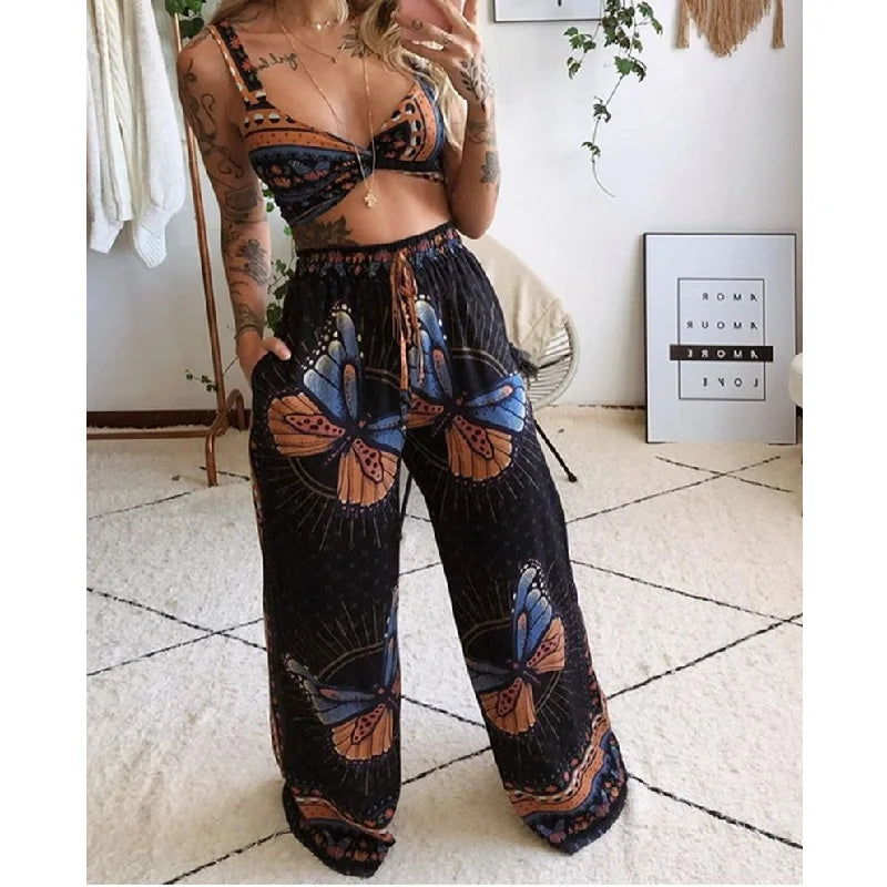 Boho Floral Butterfly Cotton 2 Piece Matching Outfits - Wide Leg Pants & Top