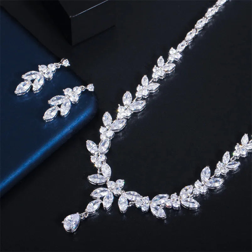 CZ Water Drop Matching Jewelry Set, Necklace & Earrings