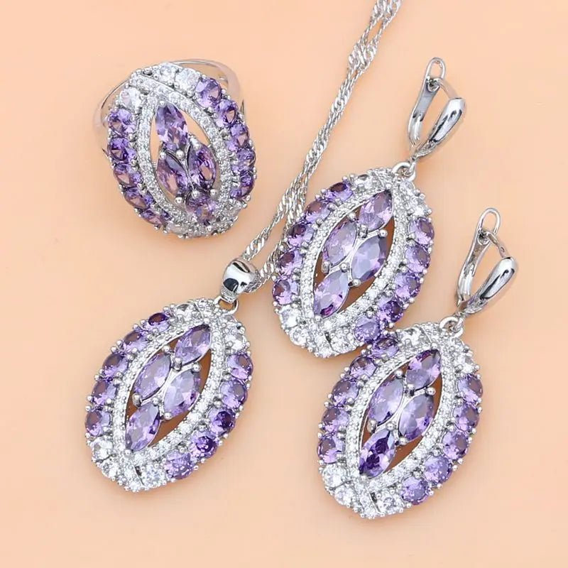 Chic Sterling Silver Purple Amethyst Crystal Jewelry Set