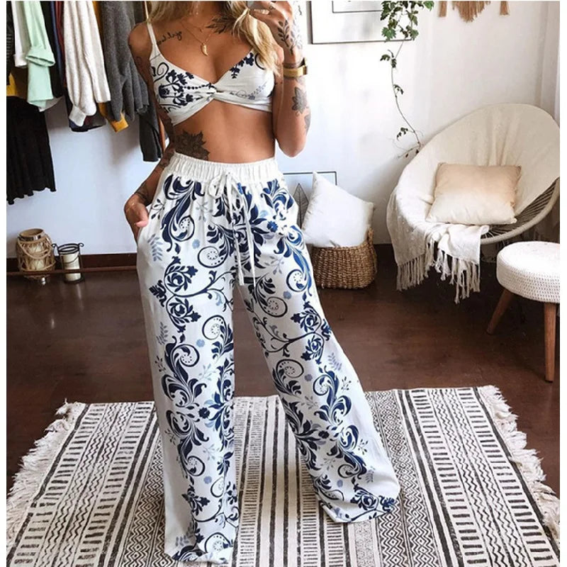 Boho Floral Butterfly Cotton 2 Piece Matching Outfits - Wide Leg Pants & Top