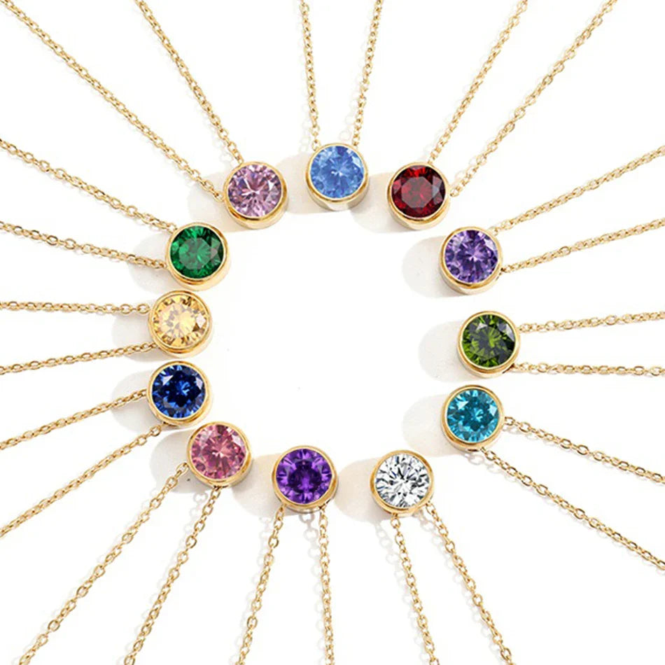 Classic Round Birthstone Necklace in Silver, Gold, Rose Gold.