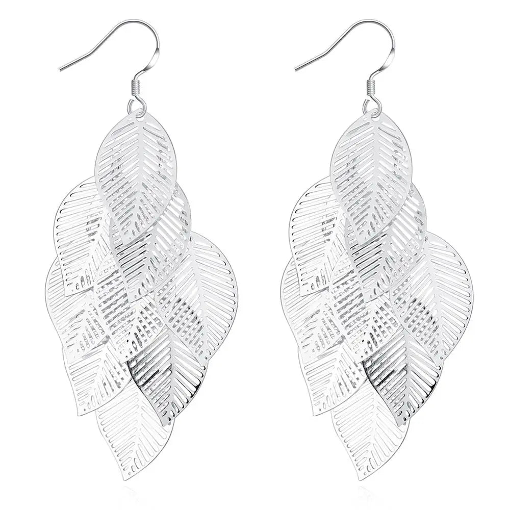 Fine 925 Sterling Silver Tassel Layered Leaves Drop Earrings