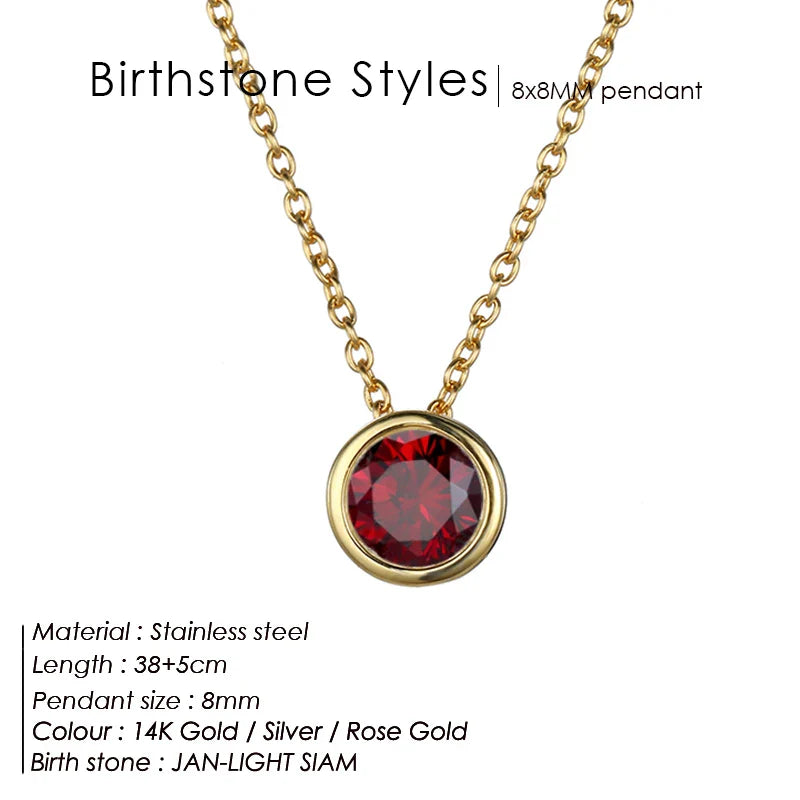 Classic Round Birthstone Necklace in Silver, Gold, Rose Gold.