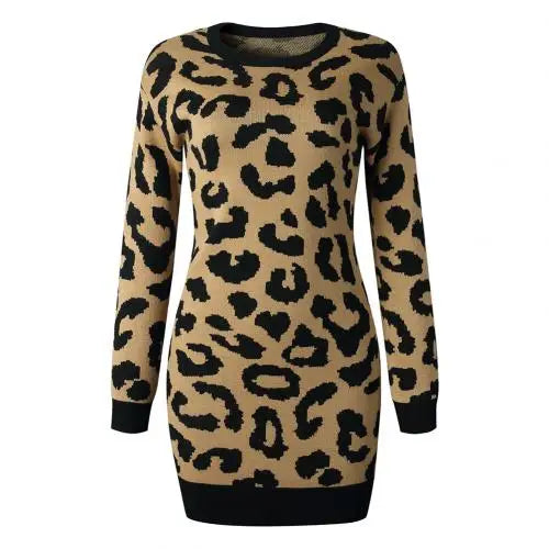 Leopard Print Knit Pullover Sweater Dress with Long Sleeve