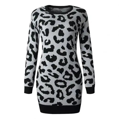 Leopard Print Knit Pullover Sweater Dress with Long Sleeve