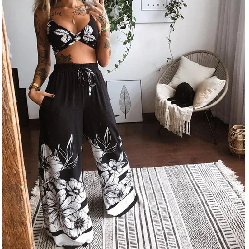 Boho Floral Butterfly Cotton 2 Piece Matching Outfits - Wide Leg Pants & Top