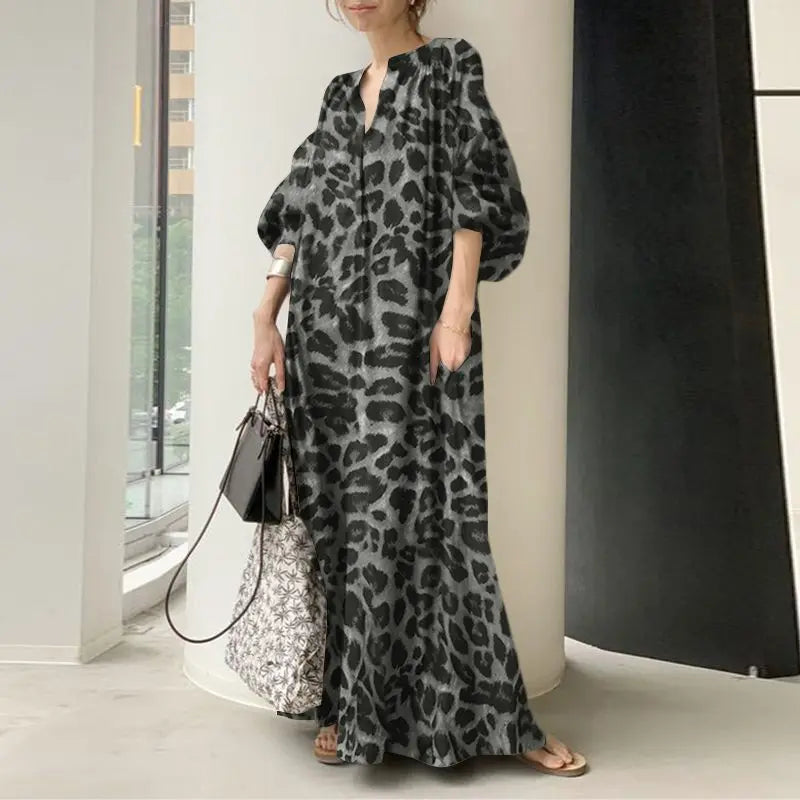 Trendy Touch Balloon Sleeve Leopard Print Maxi Dress