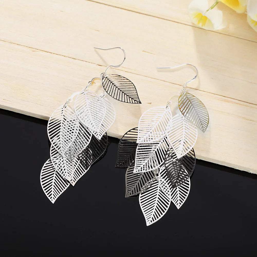 Fine 925 Sterling Silver Tassel Layered Leaves Drop Earrings