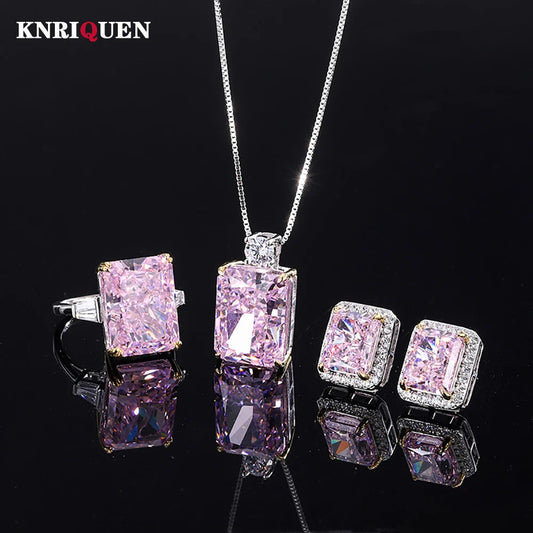 Pink Quartz Gemstone Necklace Pendant, Earrings, Ring Jewelry Set