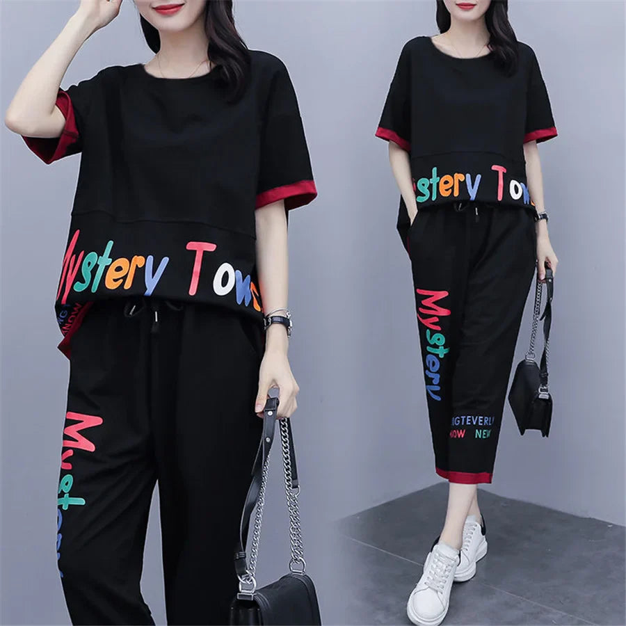 Korean Fashion Loose Short Sleeve Top & Pants 2 Piece Set