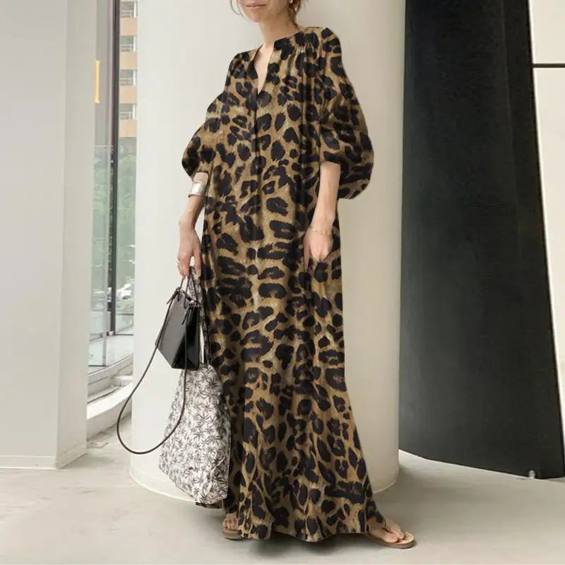 Trendy Touch Balloon Sleeve Leopard Print Maxi Dress
