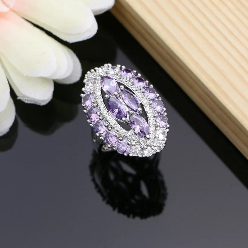 Chic Sterling Silver Purple Amethyst Crystal Jewelry Set