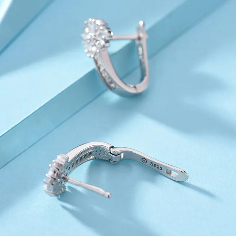 Fine Jewelry 925 Sterling Silver CZ Earrings Inlaid With Crystal Flower