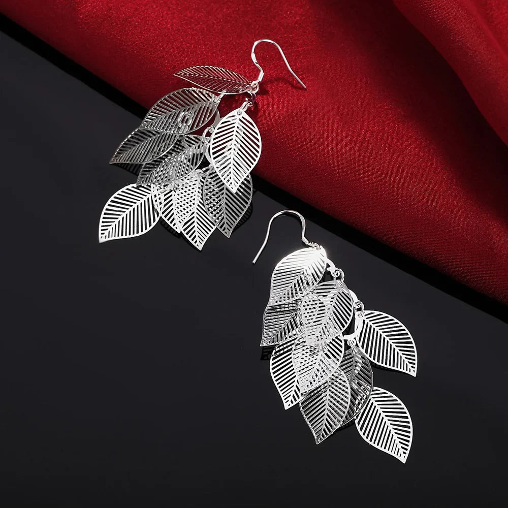 Fine 925 Sterling Silver Tassel Layered Leaves Drop Earrings