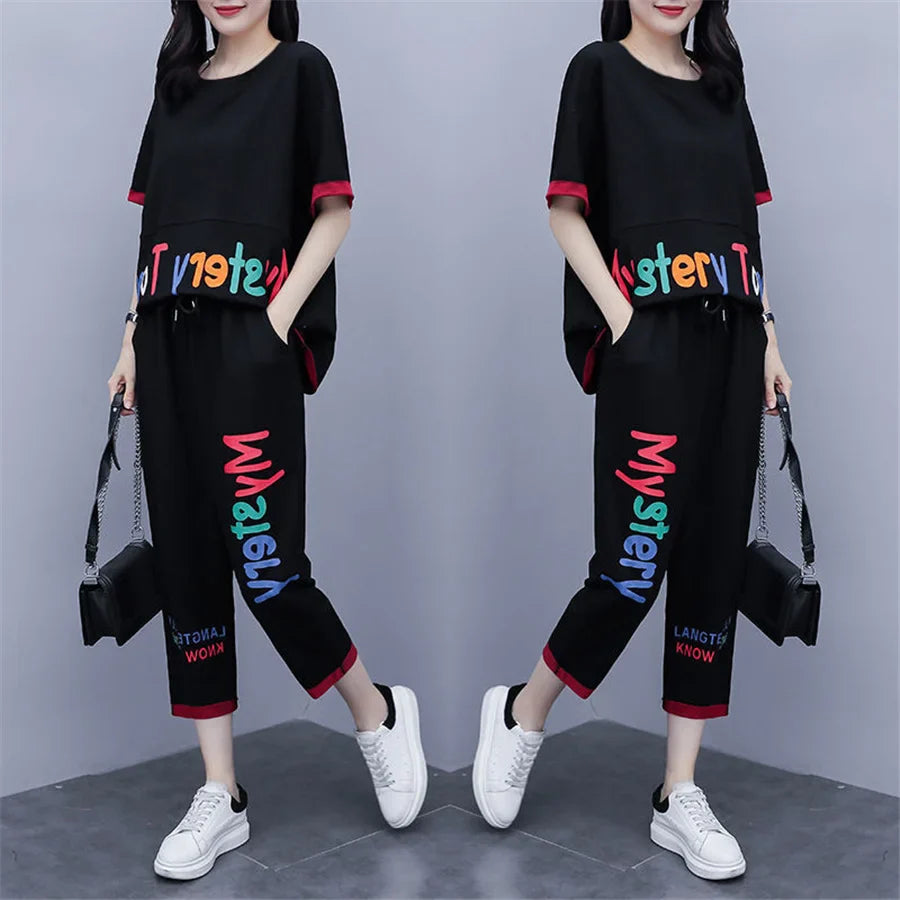 Korean Fashion Loose Short Sleeve Top & Pants 2 Piece Set