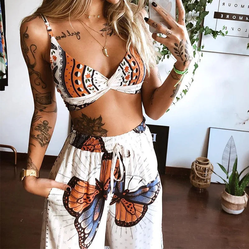 Boho Floral Butterfly Cotton 2 Piece Matching Outfits - Wide Leg Pants & Top