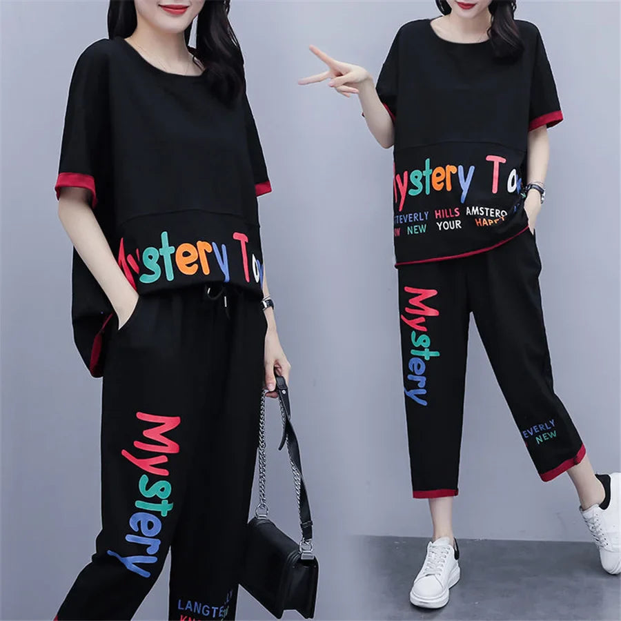 Korean Fashion Loose Short Sleeve Top & Pants 2 Piece Set