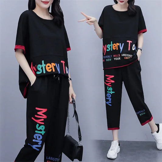 Korean Fashion Loose Short Sleeve Top & Pants 2 Piece Set
