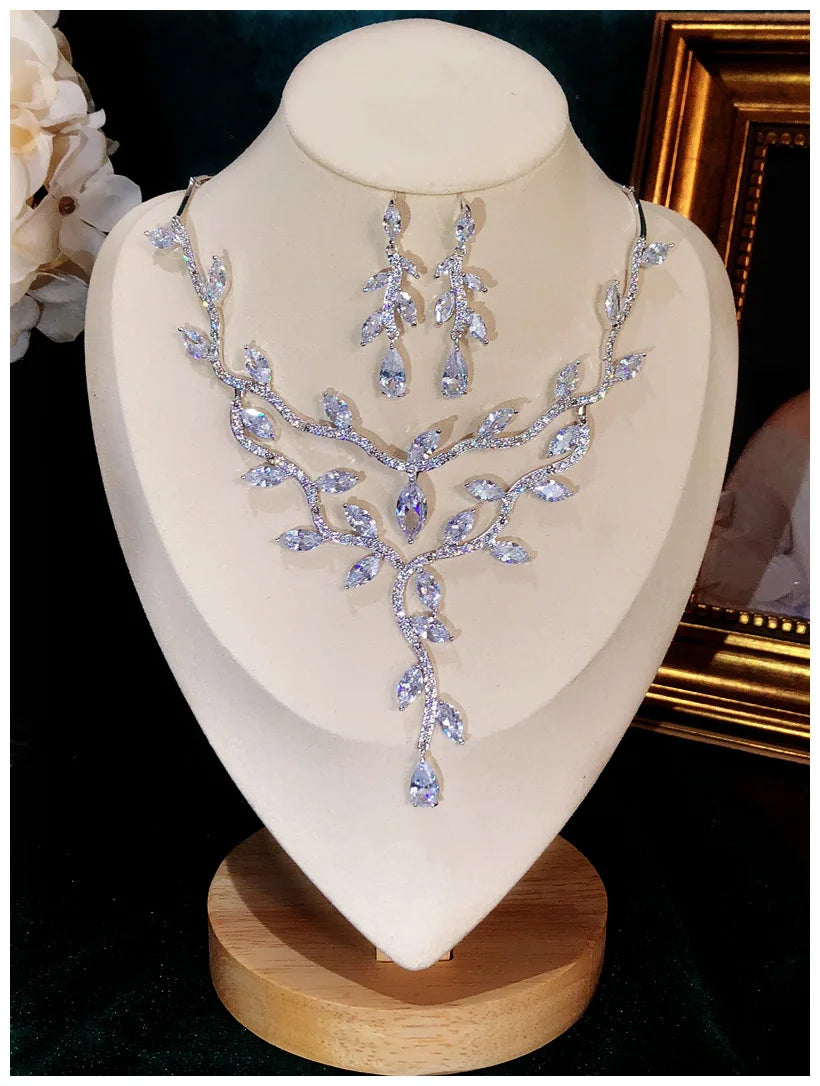 Exquisite Leaf Shaped White CZ Sterling Silver Necklace & Earring Jewelry Set