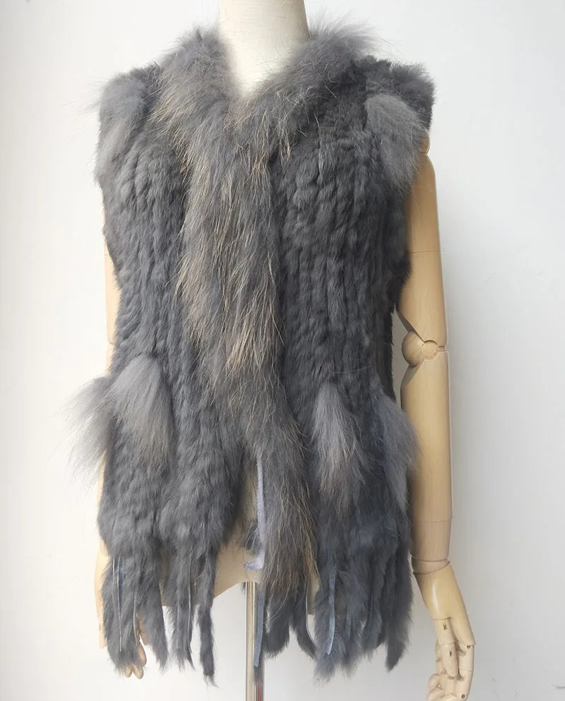 Warm Sleeveless Genuine Rabbit Fur Knitted Vest with Tassel