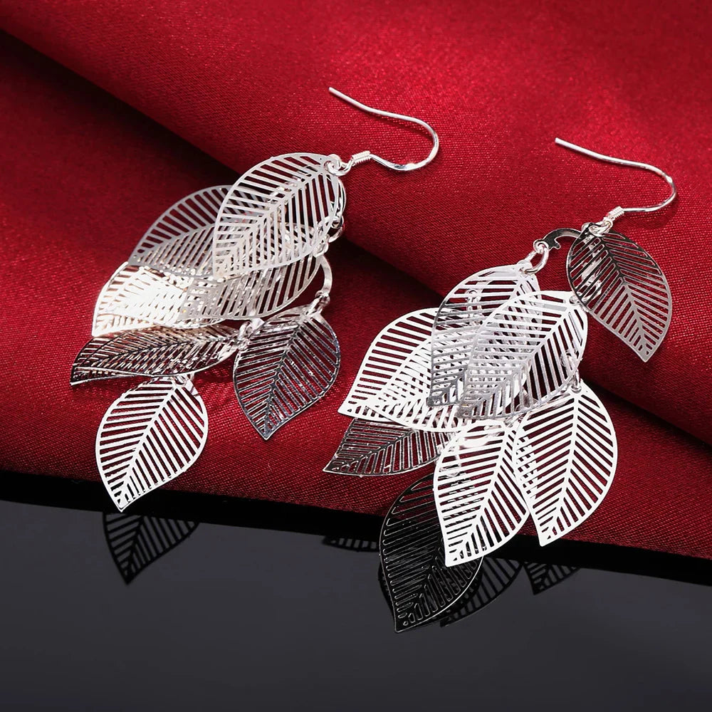 Fine 925 Sterling Silver Tassel Layered Leaves Drop Earrings