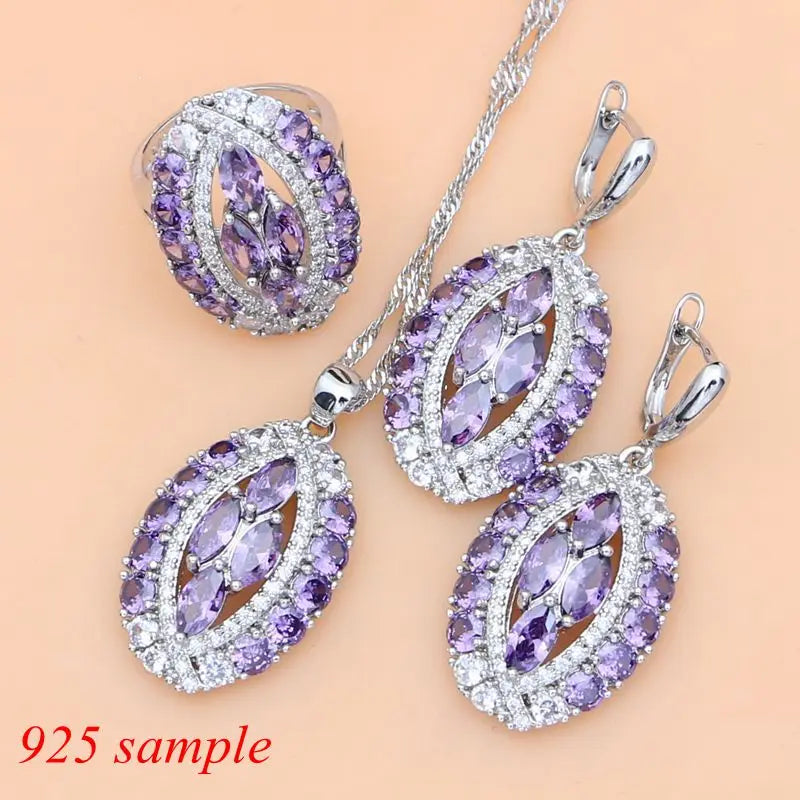 Chic Sterling Silver Purple Amethyst Crystal Jewelry Set
