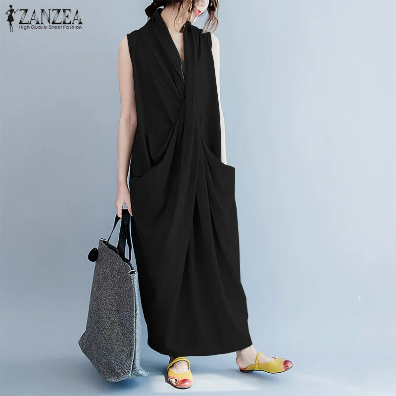Summer  Oversize Asymmetrical  Baggy V Neck Maxi Dress with Pockets